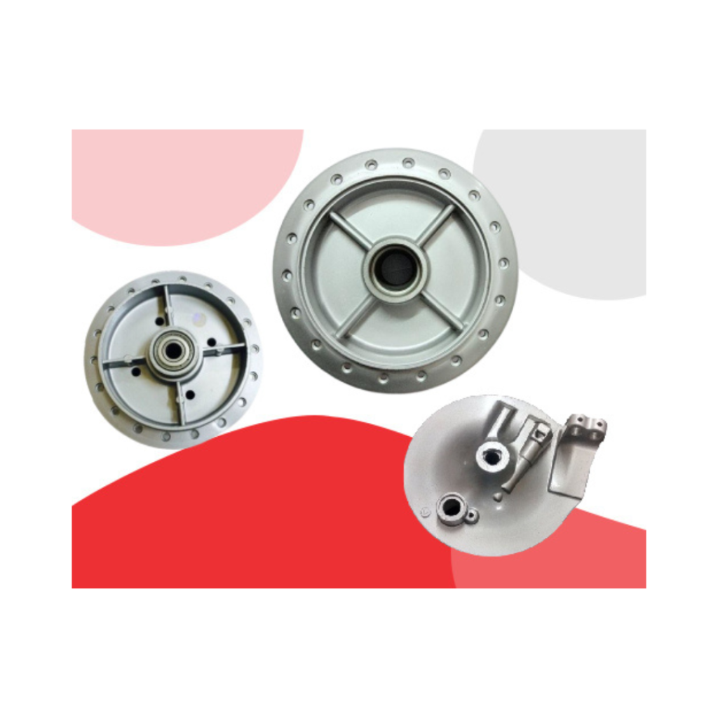 Three metallic circular mechanical parts with spokes and bolt holes, arranged on a light background with abstract red and gray shapes.