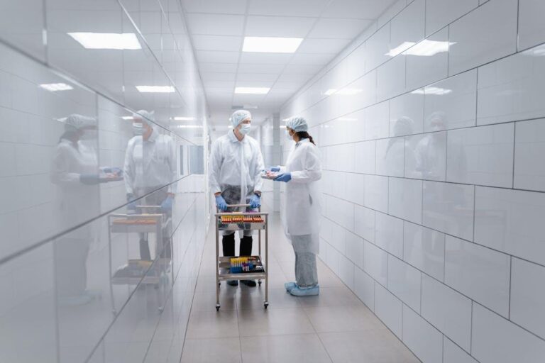 An image of two nurses standing in a clean hospital hallway