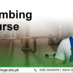 Smiling man in blue overalls holds a wrench against a backdrop of exposed pipes. Text reads 'Plumbing Course' with contact info below.