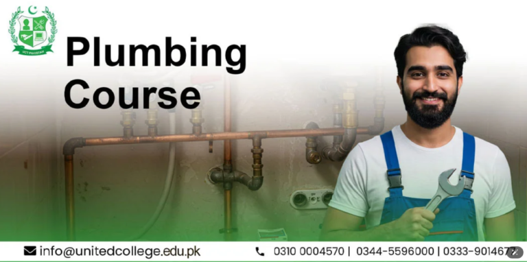 Smiling man in blue overalls holds a wrench against a backdrop of exposed pipes. Text reads 'Plumbing Course' with contact info below.