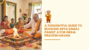 Arya Samaj Pandit Ji performing Griha Pravesh Havan ceremony with family in a decorated new home