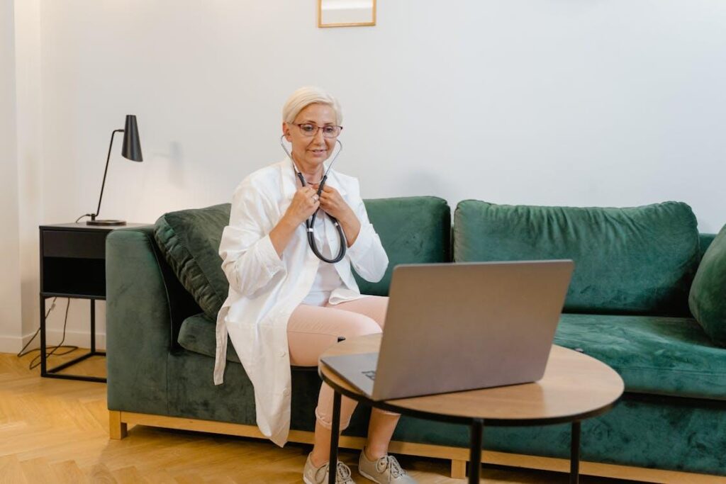 A doctor giving an online consultation