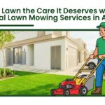 Residential lawn mowing services in Auckland with professional gardener cutting green grass in modern home garden