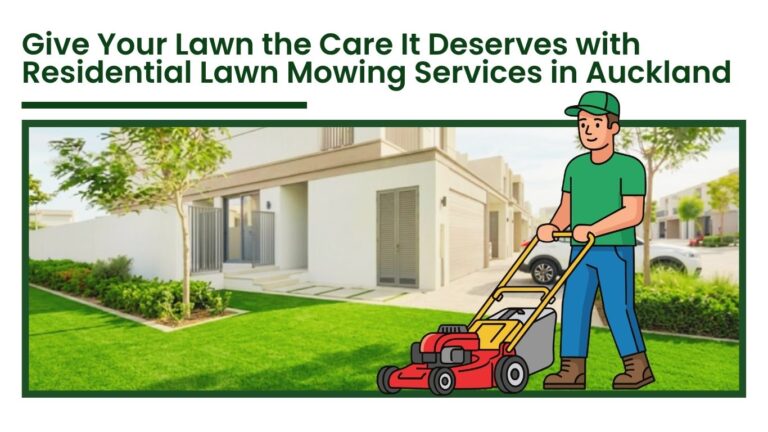 Residential lawn mowing services in Auckland with professional gardener cutting green grass in modern home garden
