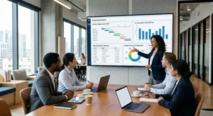 team-discussing-about-time-and-billing-software-infront-of-dashboard