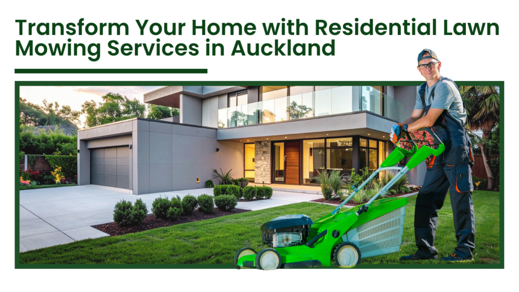 Professional residential lawn mowing service in Auckland with a gardener cutting grass in front of a modern home