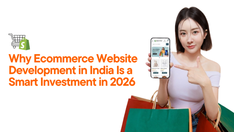 Ecommerce website development India concept showing online shopping mobile app with user holding smartphone and shopping bags