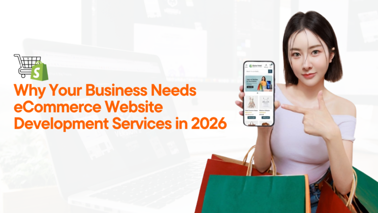 Woman holding smartphone shopping app highlighting eCommerce website development services for business growth in 2026