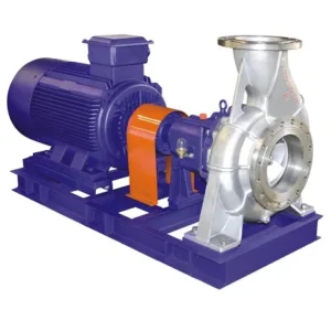 Industrial centrifugal pump with electric motor and coupling guard on base frame
