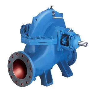 Blue industrial centrifugal pump with flanged inlet, bolted casing, and exposed drive shaft on a white background.