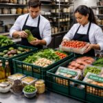 Kitchen staff sorting fresh produce and food items from delivery crates in a commercial kitchen