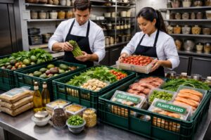 Kitchen staff sorting fresh produce and food items from delivery crates in a commercial kitchen