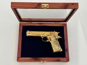 A luxury firearm in a gun display case.