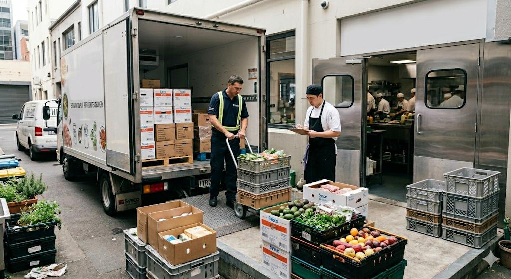 A delivery worker unloads fresh produce and stacked crates from a refrigerated truck while a restaurant chef with a clipboard reviews the inventory list.