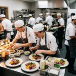 A bustling commercial kitchen shows chefs in white uniforms plating dishes and working at a fiery cook line