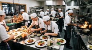 A bustling commercial kitchen shows chefs in white uniforms plating dishes and working at a fiery cook line