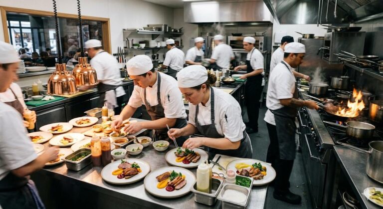 A bustling commercial kitchen shows chefs in white uniforms plating dishes and working at a fiery cook line