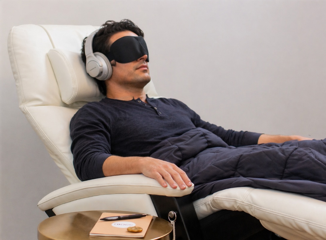 A person resting on a white chair with a sleep mask