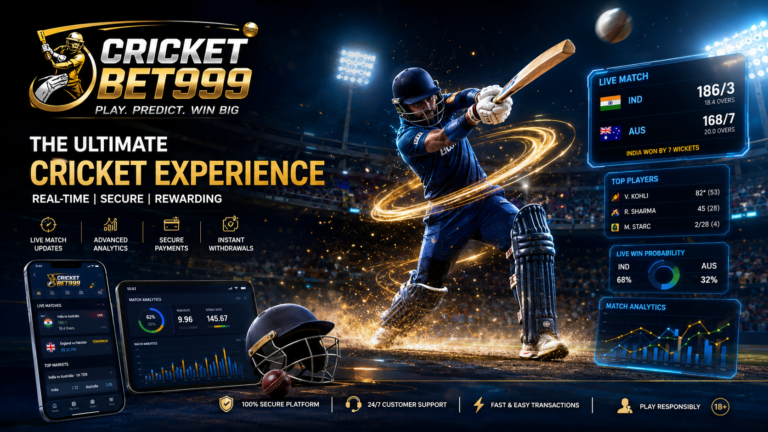 CricketBet999 digital cricket platform banner featuring a professional batsman in a floodlit stadium with live match analytics, cricket statistics, mobile app interface, and sports technology dashboard.