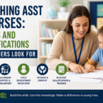 Teacher assistant supporting a young student during a classroom learning activity.