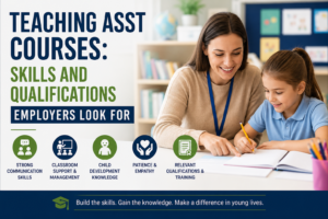 Teacher assistant supporting a young student during a classroom learning activity.