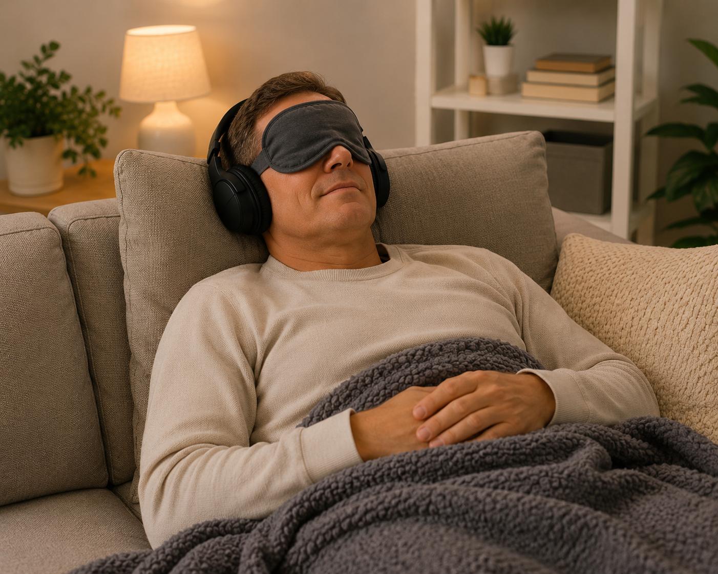 A person resting on sofa with a sleep mask and headphones