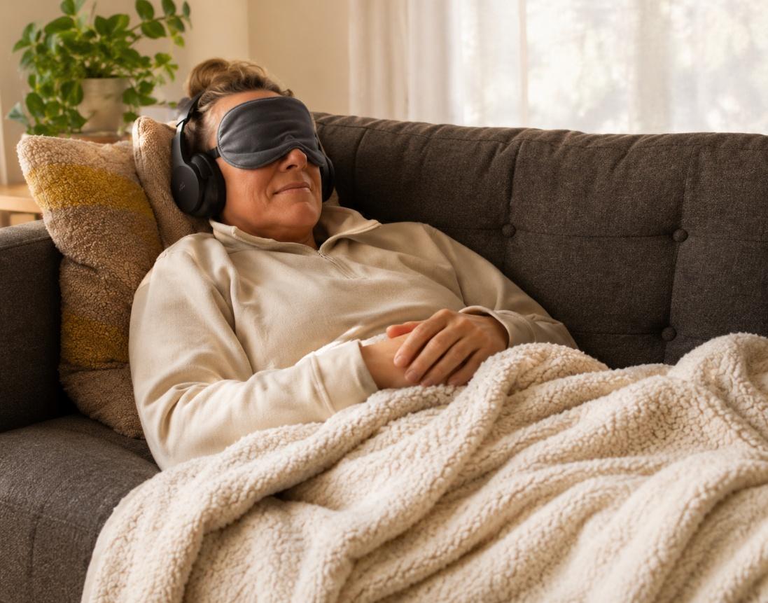 A person resting on sofa with a sleep mask and headphones