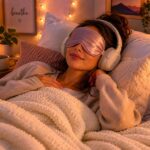 A person lying in bed with a sleep mask and headphones