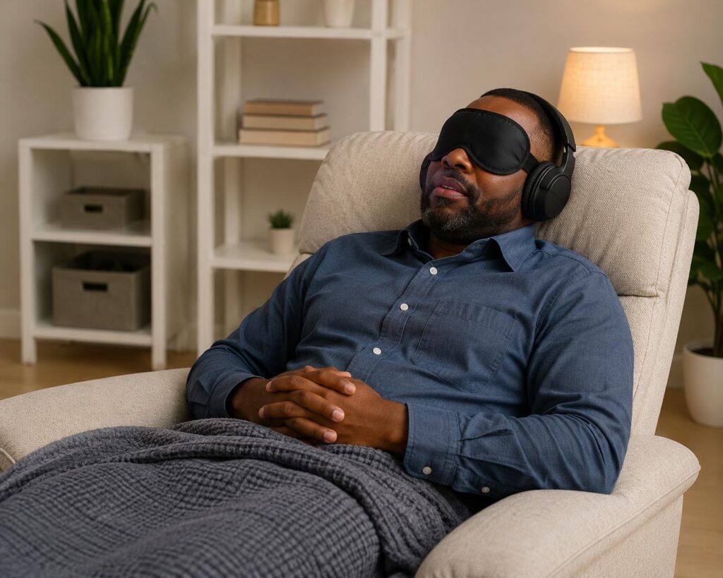 A person resting with a sleep mask and headphones