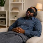 A person resting with a sleep mask and headphones