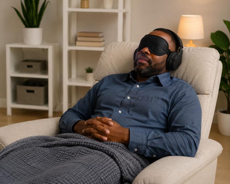 A person resting with a sleep mask and headphones