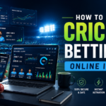 Young Indian cricket fan using a laptop and smartphone with cricket analytics dashboard inside a modern stadium workspace for a guide on how to get a cricket betting ID online in 2026.