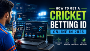 Young Indian cricket fan using a laptop and smartphone with cricket analytics dashboard inside a modern stadium workspace for a guide on how to get a cricket betting ID online in 2026.