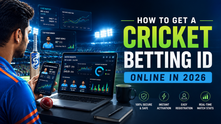 Young Indian cricket fan using a laptop and smartphone with cricket analytics dashboard inside a modern stadium workspace for a guide on how to get a cricket betting ID online in 2026.