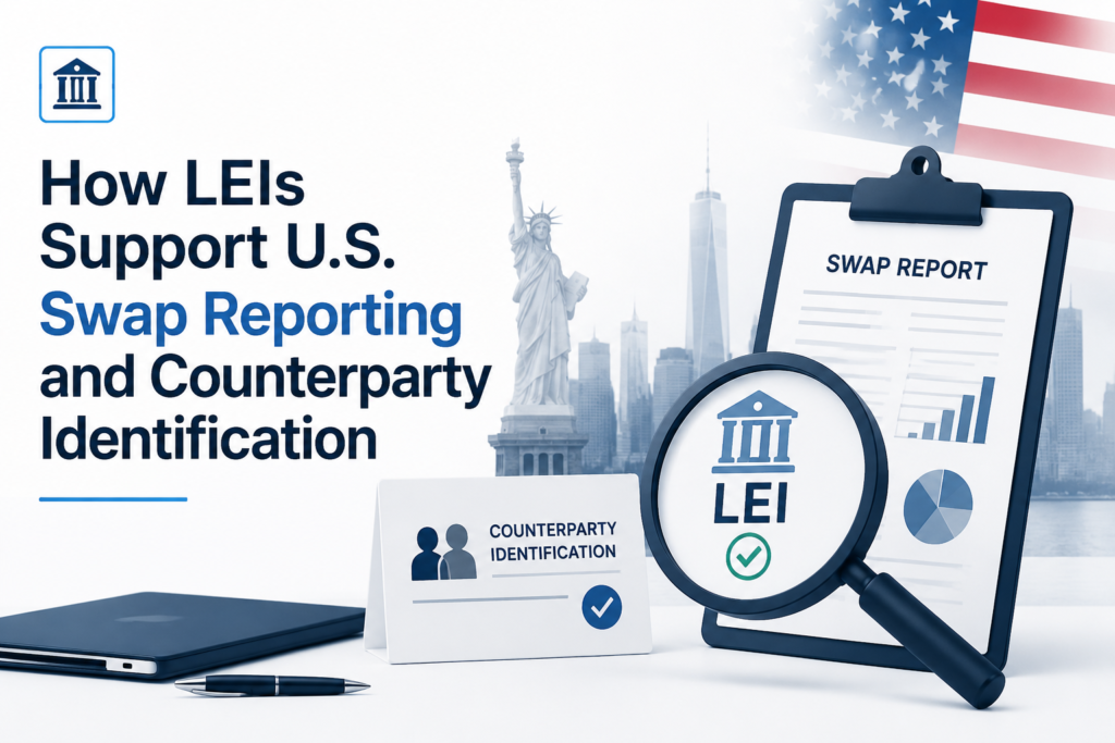 Professional illustration showing U.S. swap reporting and counterparty identification using a Legal Entity Identifier (LEI), featuring a swap report, LEI verification through a magnifying glass, financial institution icon, subtle New York skyline, Statue of Liberty, and U.S. flag in a clean, minimalist corporate design.