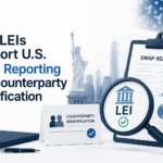 Professional illustration showing U.S. swap reporting and counterparty identification using a Legal Entity Identifier (LEI), featuring a swap report, LEI verification through a magnifying glass, financial institution icon, subtle New York skyline, Statue of Liberty, and U.S. flag in a clean, minimalist corporate design.