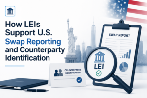 Professional illustration showing U.S. swap reporting and counterparty identification using a Legal Entity Identifier (LEI), featuring a swap report, LEI verification through a magnifying glass, financial institution icon, subtle New York skyline, Statue of Liberty, and U.S. flag in a clean, minimalist corporate design.