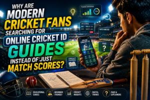 Why Are Modern Cricket Fans Searching for Online Cricket ID Guides Instead of Just Match Scores? Featured image showing a cricket enthusiast using a smartphone with digital cricket insights, player statistics, FAQs, live scores, and an illuminated cricket stadium background.
