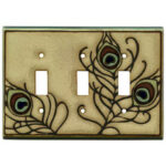 Peacock feather ceramic triple toggle light switch plate cover.