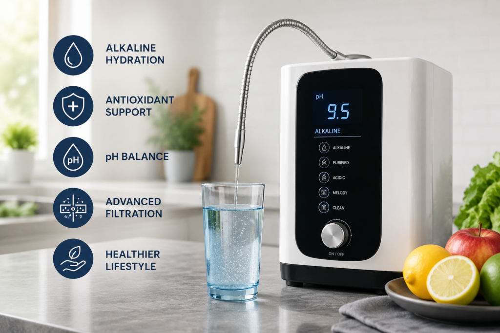 Kangen alkaline water machine and water ionizer on a modern kitchen countertop producing clean alkaline drinking water