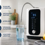 Kangen alkaline water machine and water ionizer on a modern kitchen countertop producing clean alkaline drinking water