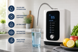 Kangen alkaline water machine and water ionizer on a modern kitchen countertop producing clean alkaline drinking water