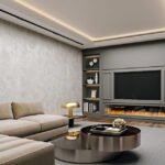 Modern interior design of living room in basement, angled close