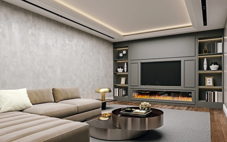 Modern interior design of living room in basement, angled close