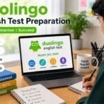 Student preparing for the Duolingo English Test with a laptop and study materials