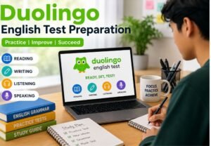 Student preparing for the Duolingo English Test with a laptop and study materials