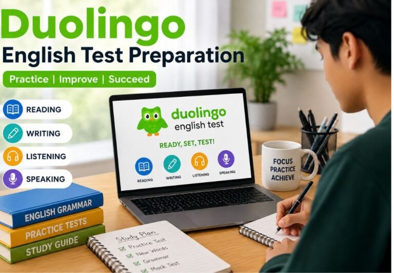 Student preparing for the Duolingo English Test with a laptop and study materials