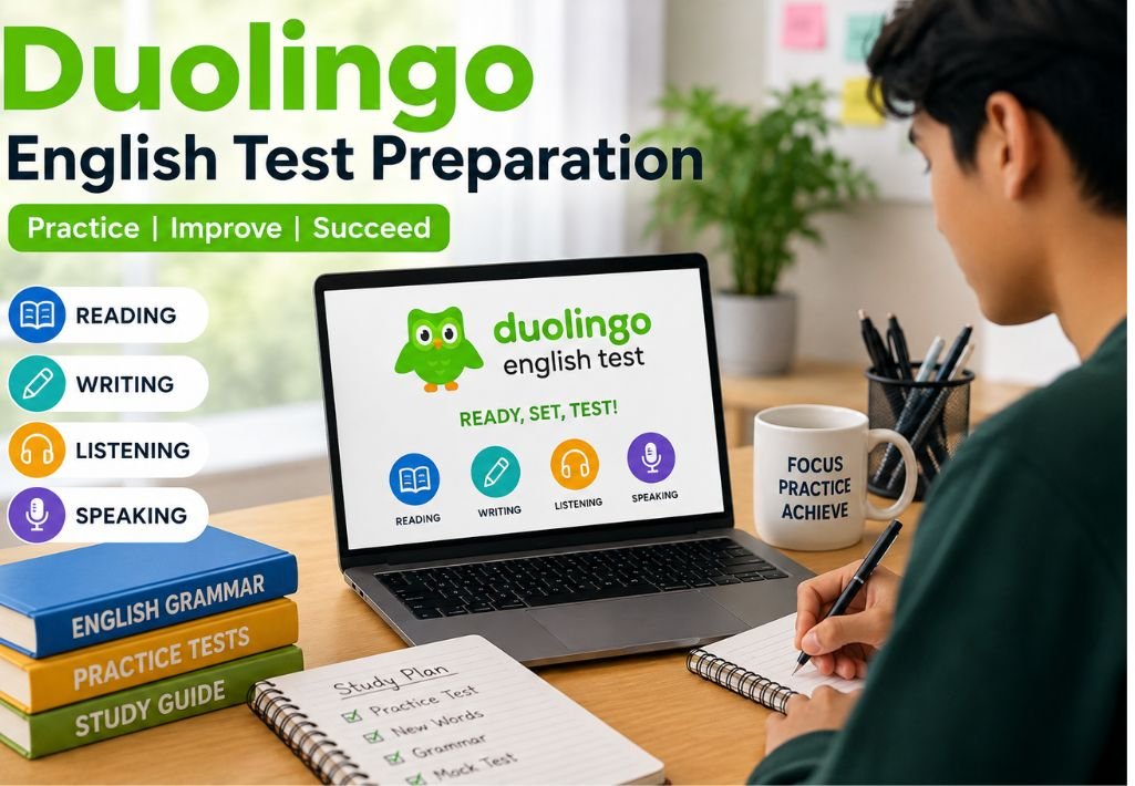 Student preparing for the Duolingo English Test with a laptop and study materials