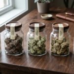 Five_premium_cannabis_strains_with_distinct_green_purple_and_frosted_buds_displayed_in_elegant_glass_jars_with_wooden_lids_on_a_dark_wood_table._5b91ded5-997a-4955-af4c-44f8da77fdb5