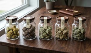Five_premium_cannabis_strains_with_distinct_green_purple_and_frosted_buds_displayed_in_elegant_glass_jars_with_wooden_lids_on_a_dark_wood_table._5b91ded5-997a-4955-af4c-44f8da77fdb5